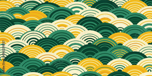 A vibrant seigaiha wave pattern featuring overlapping semicircles in shades of emerald green, mustard yellow, and creamy beige, creating a tranquil and modern abstract design.