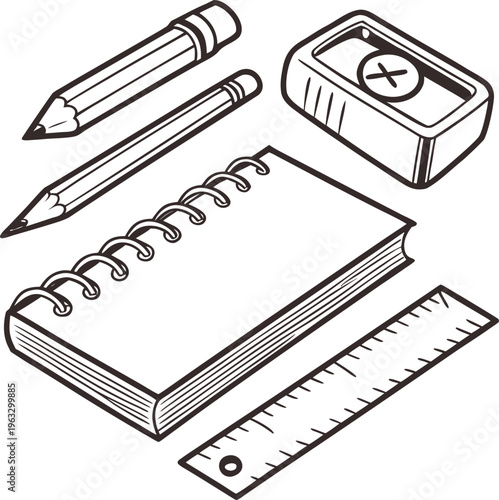 School supplies, stationery icons, education tools, office equipment
