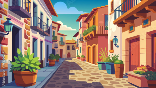 Historic Spanish Town Street with Balconies Flat Vector Illustration