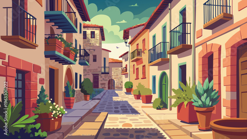 Historic Spanish Town Street with Balconies Flat Vector Illustration
