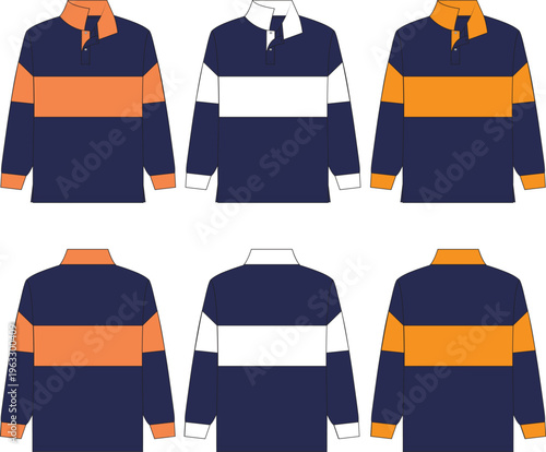 Men’s Polo Shirt Mockup Template, Long Sleeve, Color Block Style, Front and Back Views