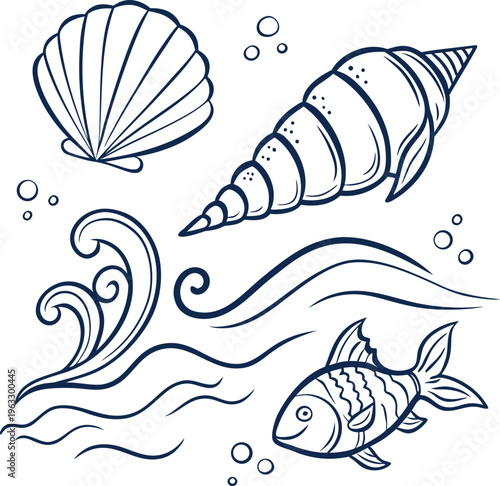 Oceanic sea creatures, marine icons, shell and fish illustrations, nautical vector set