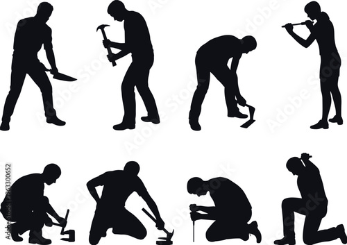 Silhouettes of construction workers using tools, hammering, digging and building, manual labor collection, industrial work concept, maintenance and craftsmanship isolated on white background