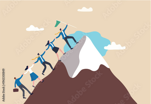 Teamwork to help success together, leadership to lead team to achieve goal or target, cooperation or support to help employee concept, businessman leader manager help colleagues to reach mountain top