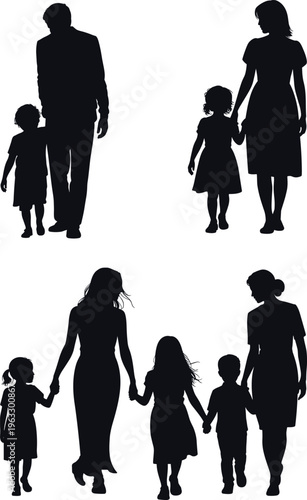 Silhouettes of family with parents and children walking together, love and care concept, parenting, relationship, bonding, happy family life isolated on white background