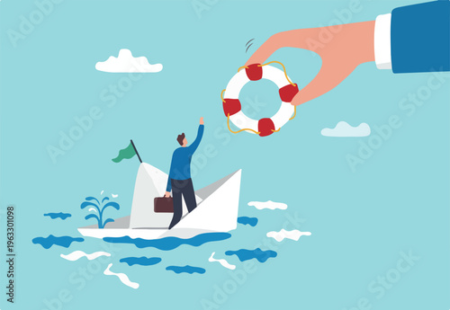 Rescue business from crisis, bankruptcy or misfortune, help, support or assistance, lifebuoy to secure in danger, survival or insurance concept, businessman help with lifebuoy on falling ship crisis