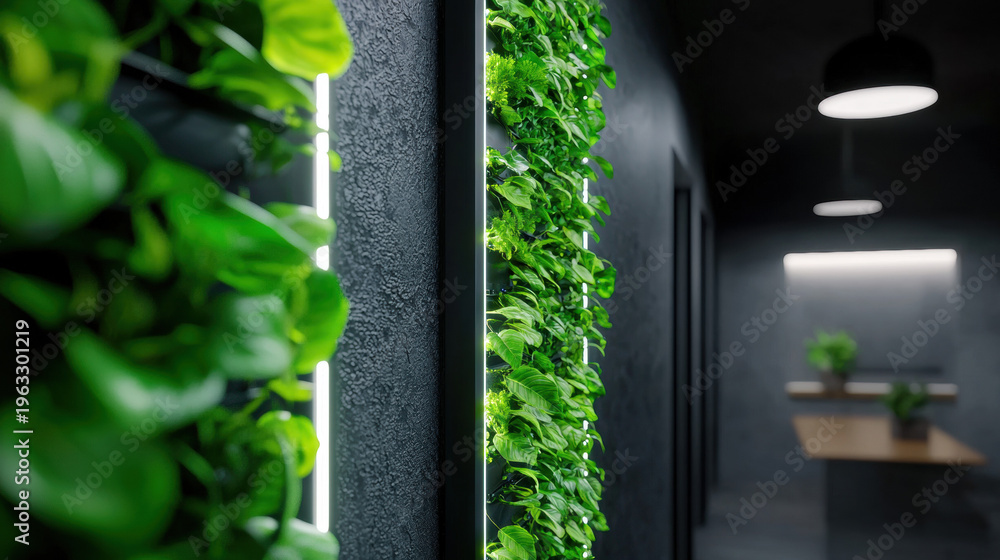 Fototapeta premium Modern apartment hallway featuring narrow vertical garden with lush green plants and dark textured walls creating fresh and calming atmosphere