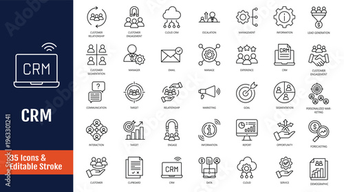 Customer Relationship Management Icon set. CRM icon set. Icons related to marketing, data, report, strategy, audience, manager, and more. Outline icon with Editable stroke. Vector illustration