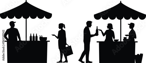 Street food stall silhouettes vector set with vendor customer kiosk umbrella market isolated black figures illustration collection retail concept