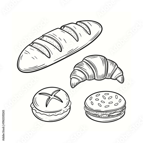 Bakery icons, bread and pastry illustrations, vector food set, black and white