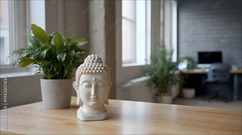 Fototapeta premium Serene Buddha head statue on a desk in a modern empty office with lush green plants