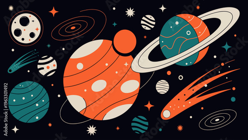 Cosmic Symphony: An illustrated composition of planets, galaxies, stars, and comets against the vast backdrop of space, evoking a sense of cosmic wonder and exploration.
