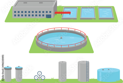 Water treatment plant vector illustration with tanks filters reservoirs industrial facility flat design wastewater purification system collection infrastructure concept