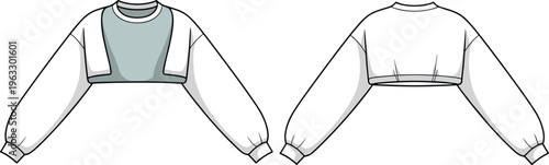 Trendy cropped sweatshirt fashion illustration, oversized sleeves, layered look, perfect for young adults and urban streetwear design, apparel template, Adobe Stock.