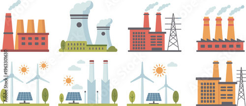 Power plant energy vector set with factory wind turbines solar panels electricity generation flat design illustration collection industrial concept