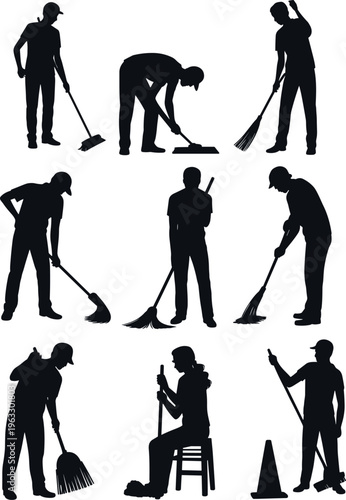 Silhouettes of janitors cleaning with broom and mop, sanitation workers, housekeeping service concept, maintenance staff performing cleaning tasks, hygiene and workplace cleanliness isolated