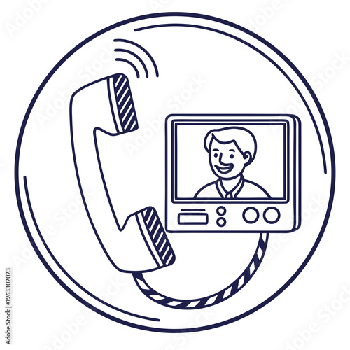 Vintage telephone handset and screen showing person for video call communication icon in circular frame blue line art style for modern business use