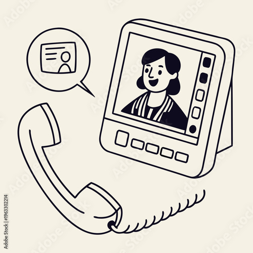 Video intercom system with handset and speech bubble showing identification card and person, line art illustration