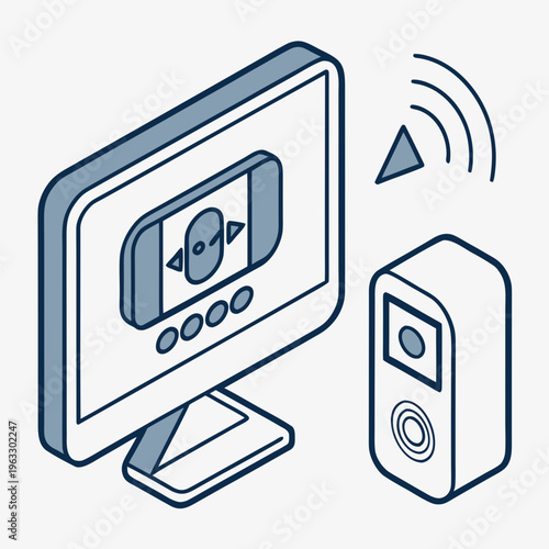 Computer monitor displaying video call interface and camera device with wifi signal, isometric line art