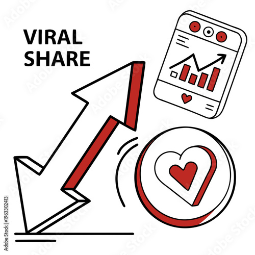Viral share concept with big arrow graph on phone and heart icon communication and sharing popularity online