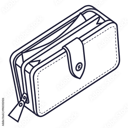 Elegant women long wallet vector outline illustration, featuring a zippered compartment, button closure, and stitched details