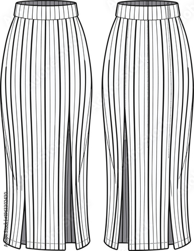 Vertical stripe pencil skirt with high waist, front and back pleats, and thigh-high slits, fashion sketch, vector illustration for design inspiration.