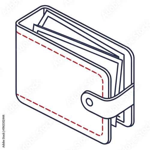 Minimalist bifold wallet vector outline illustration, featuring a button closure, internal pockets, and decorative dashed red lines