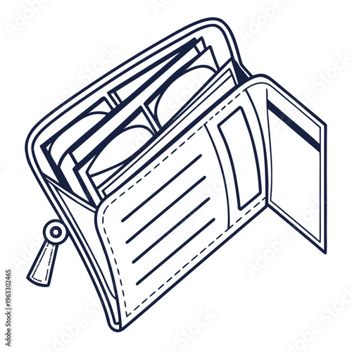 Opened wallet with zipped compartment and multiple card slots holding cash and paper documents, financial management tool