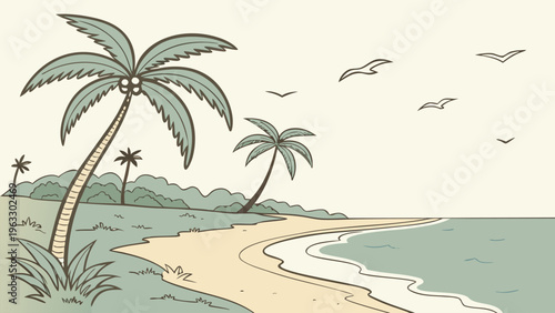 Sunny tropical beach with palm trees and ocean waves, relaxing summer vibe, clean flat vector design, perfect for vacation, travel, and holiday themes.