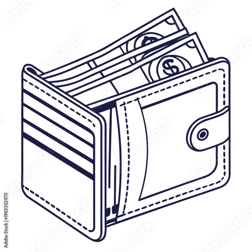 Open wallet overflowing with dollar bills and credit cards, financial management concept with stitched edges and snap closure