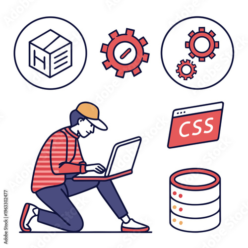 Web developer working on laptop with cloud database and css window icons representing programming software engineering and application development