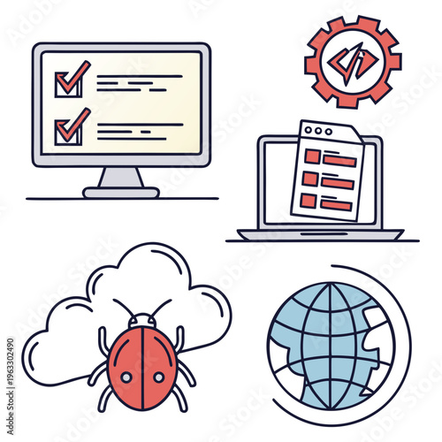Software testing and quality assurance set including cloud bug report monitor checklist laptop with data window and global network icons concept