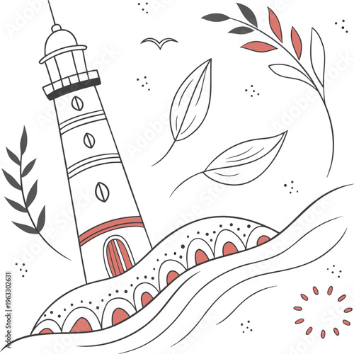 Lighthouse, nautical, vector illustration, decorative, line art