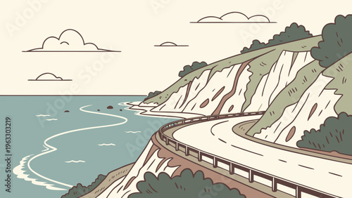 Spain Coastal Cliff Road Ocean Horizon Flat Vector Illustration