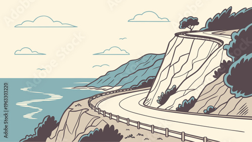 Spain Coastal Cliff Road Ocean Horizon Flat Vector Illustration