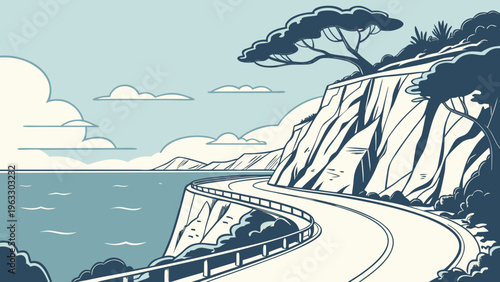 Spain Coastal Cliff Road Ocean Horizon Flat Vector Illustration