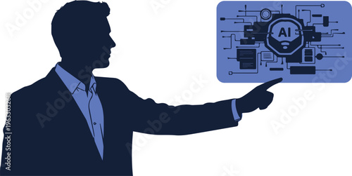 Artificial intelligence technology concept with businessman silhouette, man pointing at AI digital interface, futuristic smart tech vector