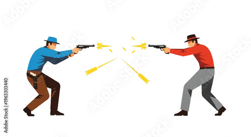 Two men shooting guns action illustration isolated
