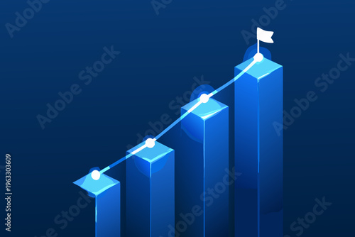 Blue isometric graph showing growth and upward trend with a flag