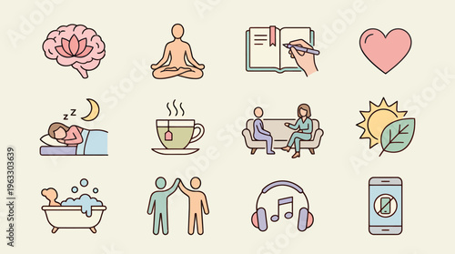Outline vector icons illustrating key self-care practices, mental health concepts, and healthy lifestyle habits. A visual guide to holistic well-being and personal growth concepts