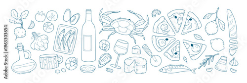 Mediterranean food doodle set with pasta, seafood, wine, and citrus elements. Italian cuisine and coastal lifestyle. Perfect for restaurant menus, travel designs, and summer food concepts.