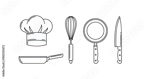 Essential kitchen tools and chef's hat line art collection, perfect for culinary projects, cooking concepts, and food preparation designs, showcasing professional and domestic kitchen equipment