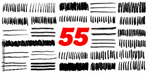 Abstract black brushstrokes and lines with a prominent red number fifty five