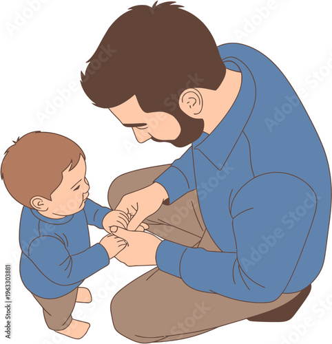 Heartwarming illustration of a caring father guiding his young child's first steps, symbolizing the tender moments of early development, parental love, and the beautiful bond within a family