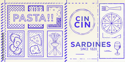 Hand drawn style collage featuring pasta cin cin sardines and other food items