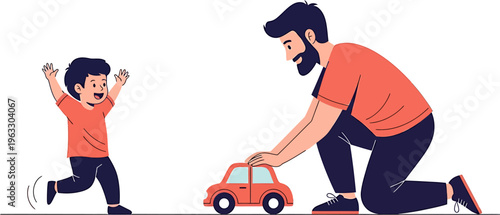 A joyful father and his happy child bonding over a vibrant toy car, sharing a precious moment of play and laughter during quality family time