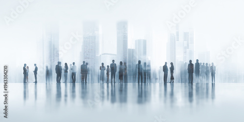 Modern business conference teamwork scene merged with transparent city skyline illustrating partnership collaboration innovation and corporate leadership success