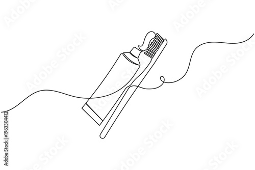 Toothbrush and toothpaste continuous line art icon design for dental health care