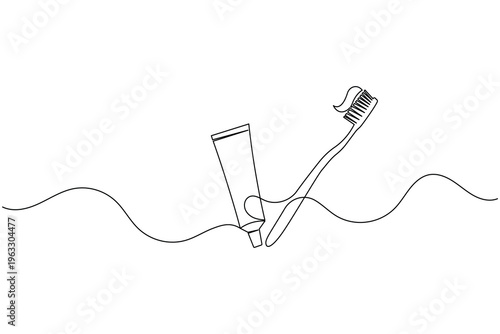 Toothbrush and toothpaste continuous line art icon design for dental health care