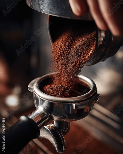 Coffee beans pouring into espresso machine.